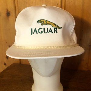 VINTAGE WHITE EMBROIDERED JAGUAR AUTOMOBILE CAR ADJUSTABLE TRUCKER HAT CAP